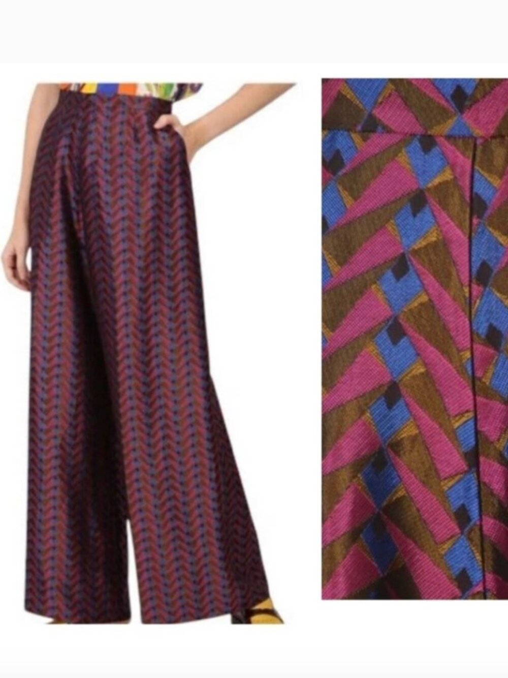 Etro Red and Blue Wide Leg Pants metallic jacquard Geometric 38